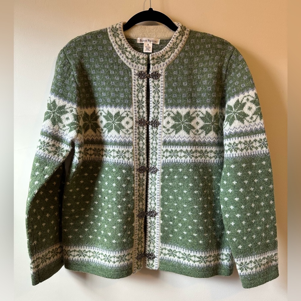 Susan Bristol Green and Cream Nordic Wool Cardigan Sweater
